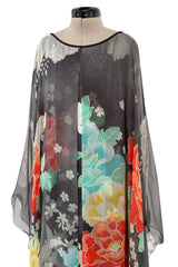 1970s Hanae Mori Silk Twill & Chiffon Caped Overlay Caftan Dress