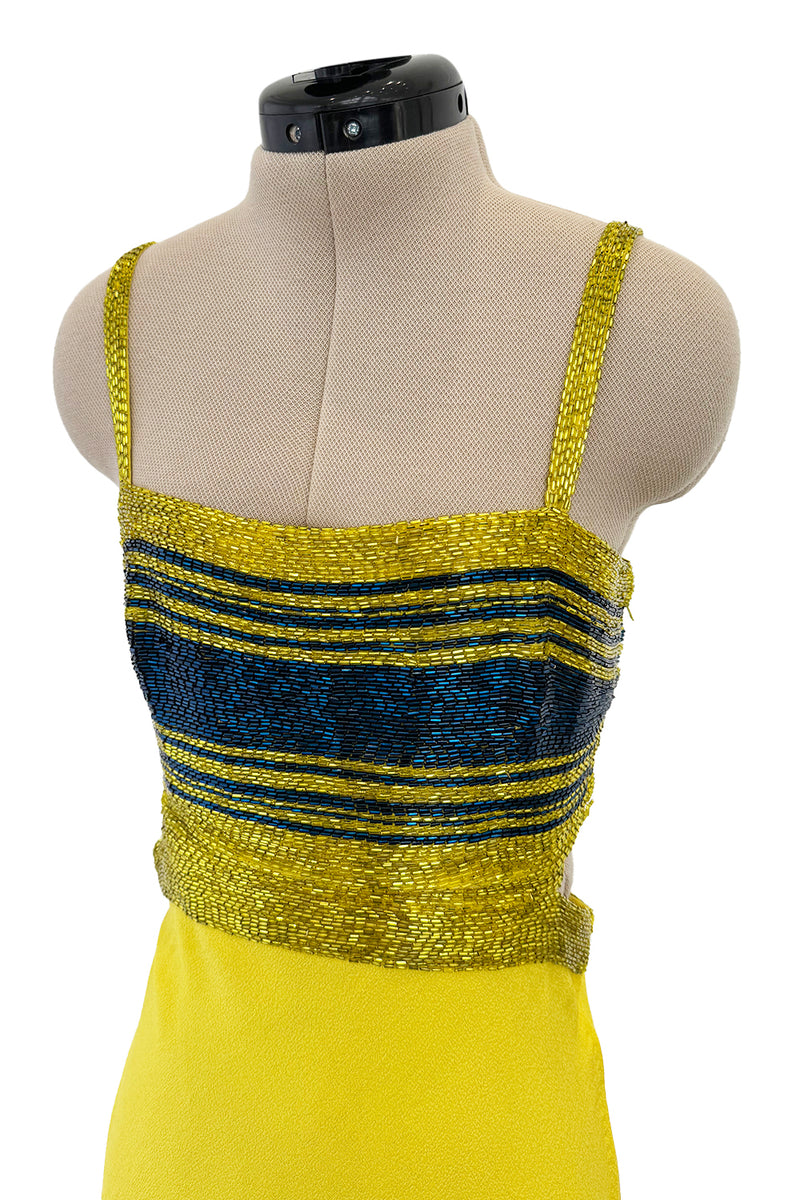 Exceptional 1960s James Galanos Yellow Silk Crepe w Blue & Yellow Beaded Back Cut Out Top