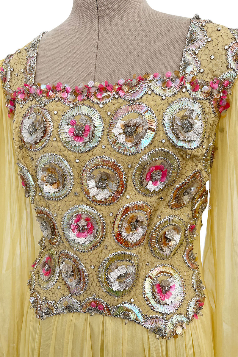 Incredible 1960s Tiziani Couture by Karl Lagerfeld Yellow Silk Chiffon Dress w Elaborate Beading
