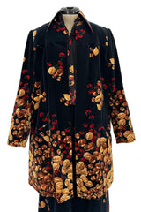 Incredible c. 1972 Original Valentino Three Piece Acorn Print Silk Top, Velvet Skirt & Jacket Set