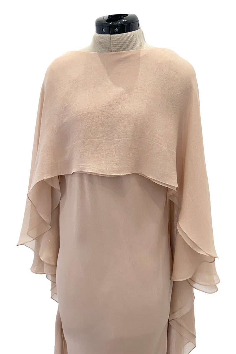 Fall 1975 Halston Runway Pale Neutral Bias Cut Silk Chiffon Dress W Ruffled & Open V Back