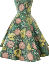 Gorgeous 1950s David Hart Organza Covered Cotton Floral Print Dress w Sequin Detailing