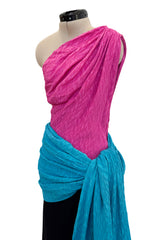 Iconic Spring 1985 Yves Saint Laurent Runway Pink & Black One Shoulder Dress w Blue Swag