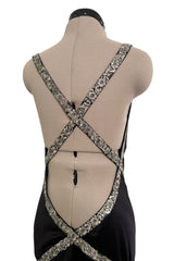 Outstanding Fall 2004 Alexander McQueen Bias Cut Black Silk Dress w Bare Back & Silver Thread Ribbon Detailing