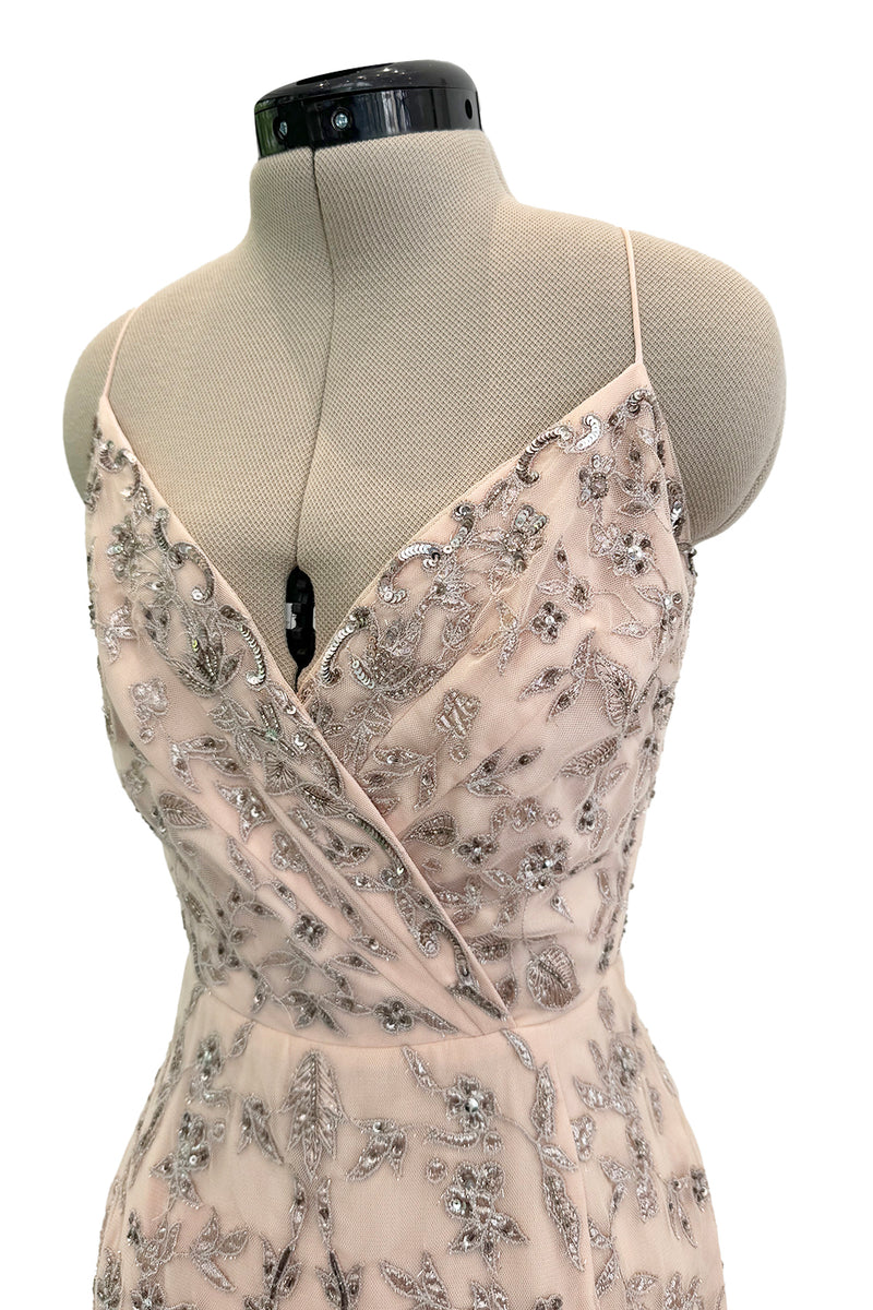 Dreamy Spring 2012 Oscar de la Renta Runway Look 47 Nude Pink Feather Dress w Silver Thread Flowers Detailing