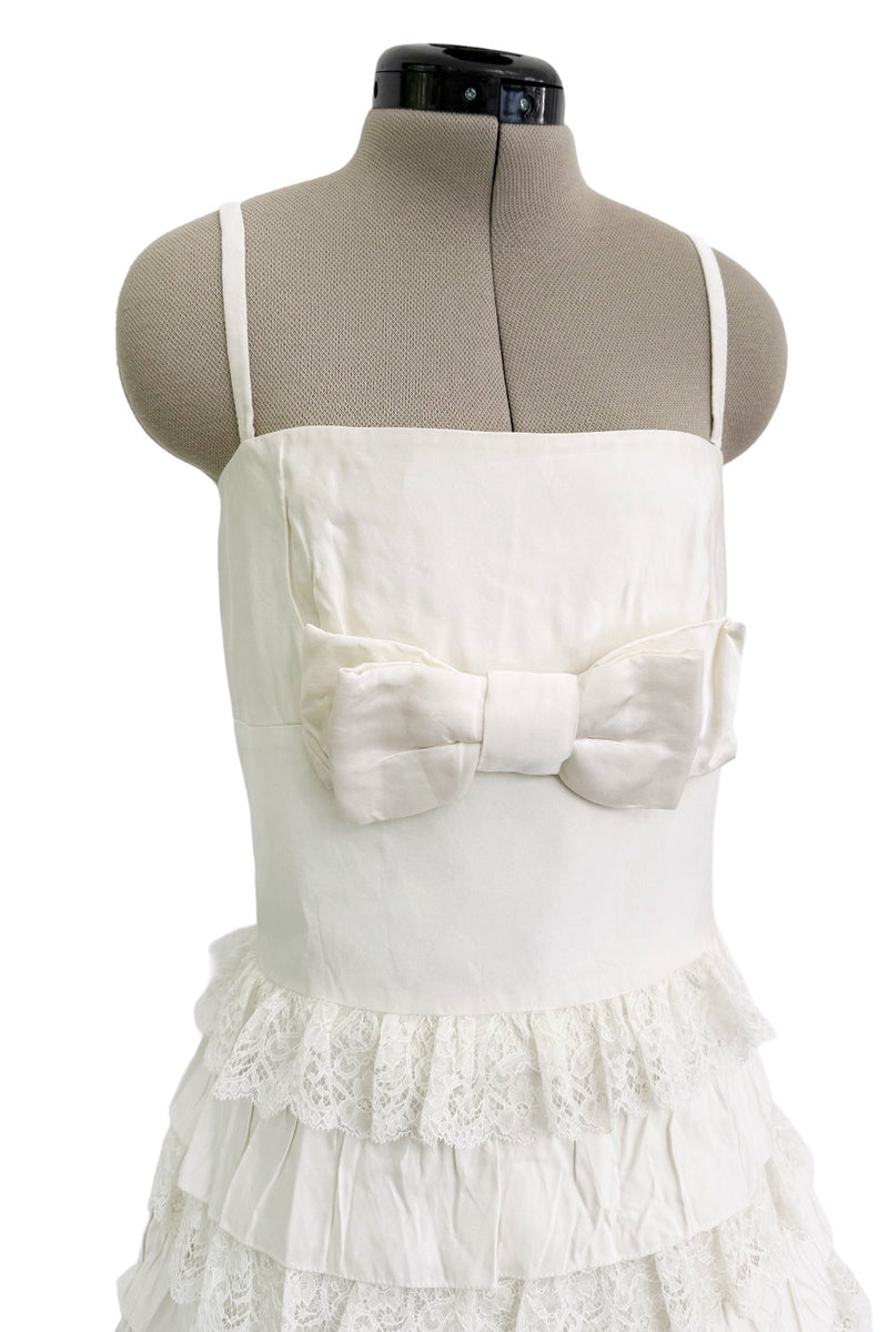 Dreamiest 2010s Valentino Off White Silk Wedding Dress w Tiered Ivory Lace & Ruffle Skirt