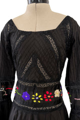Beautiful 1960s Original Mexican Tourist Black Pin Tuck Dress w Hand Embroidered Flowers