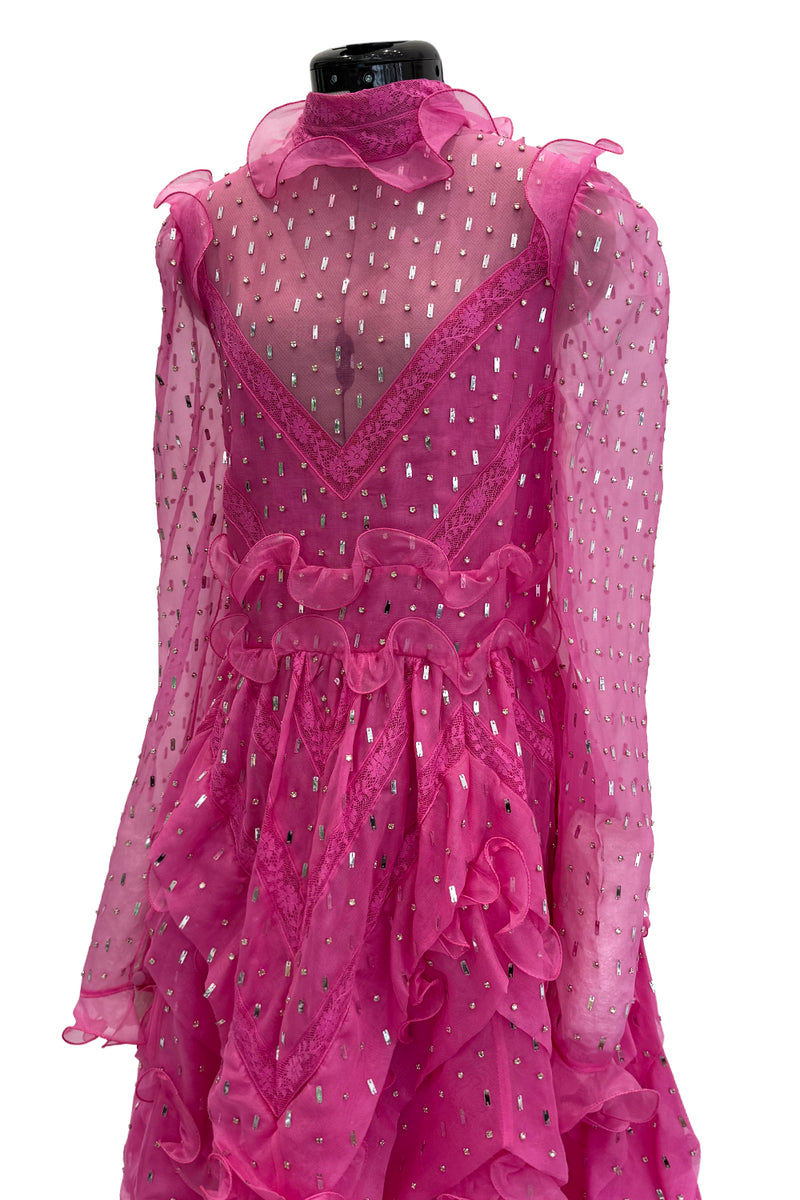Spring 2018 Valentino by Pierpaolo Piccioli Pink Silk Organza Dress w Rhinestones & Metallic Silver Appliques
