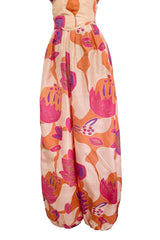 Spring 1981 Bill Tice Deco Pattern Printed Tissue Silk Backless Jumpsuit w Balloon Pouf Legs