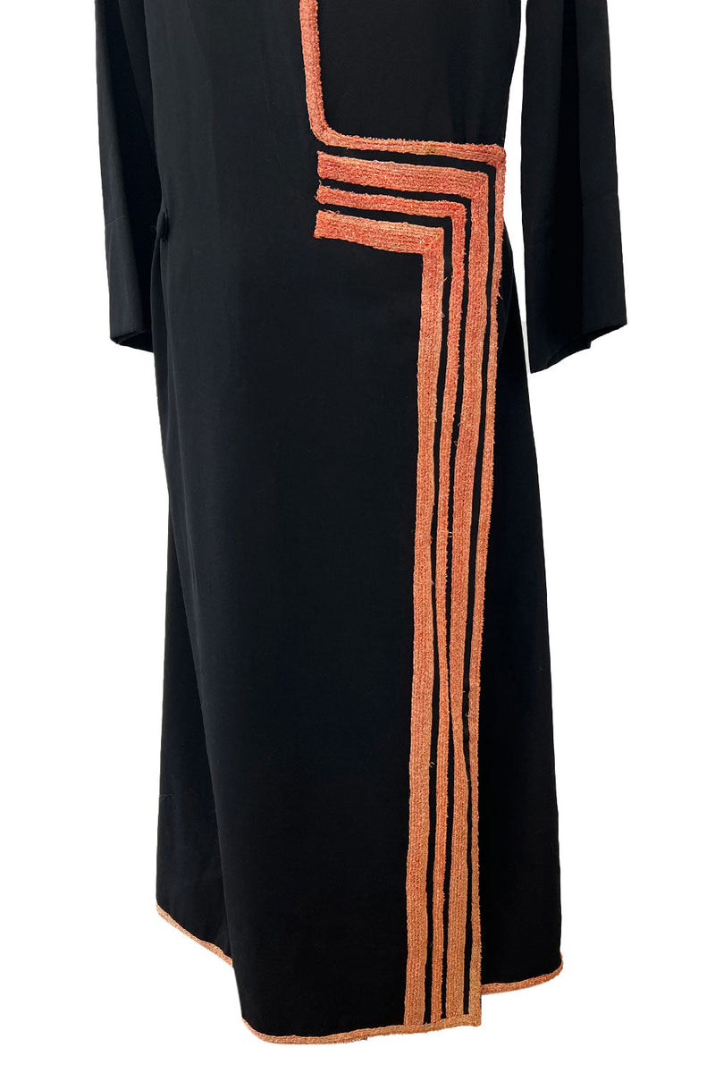 Fabulous 1920s Unlabeled Black Wool & Deep Orange Coral Raffia Trim Flapper Coat or Dress