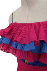 Incredible 1970s Jean Patou Printed Silk Organza Dress w Layered Ruffled Neckline & Hem