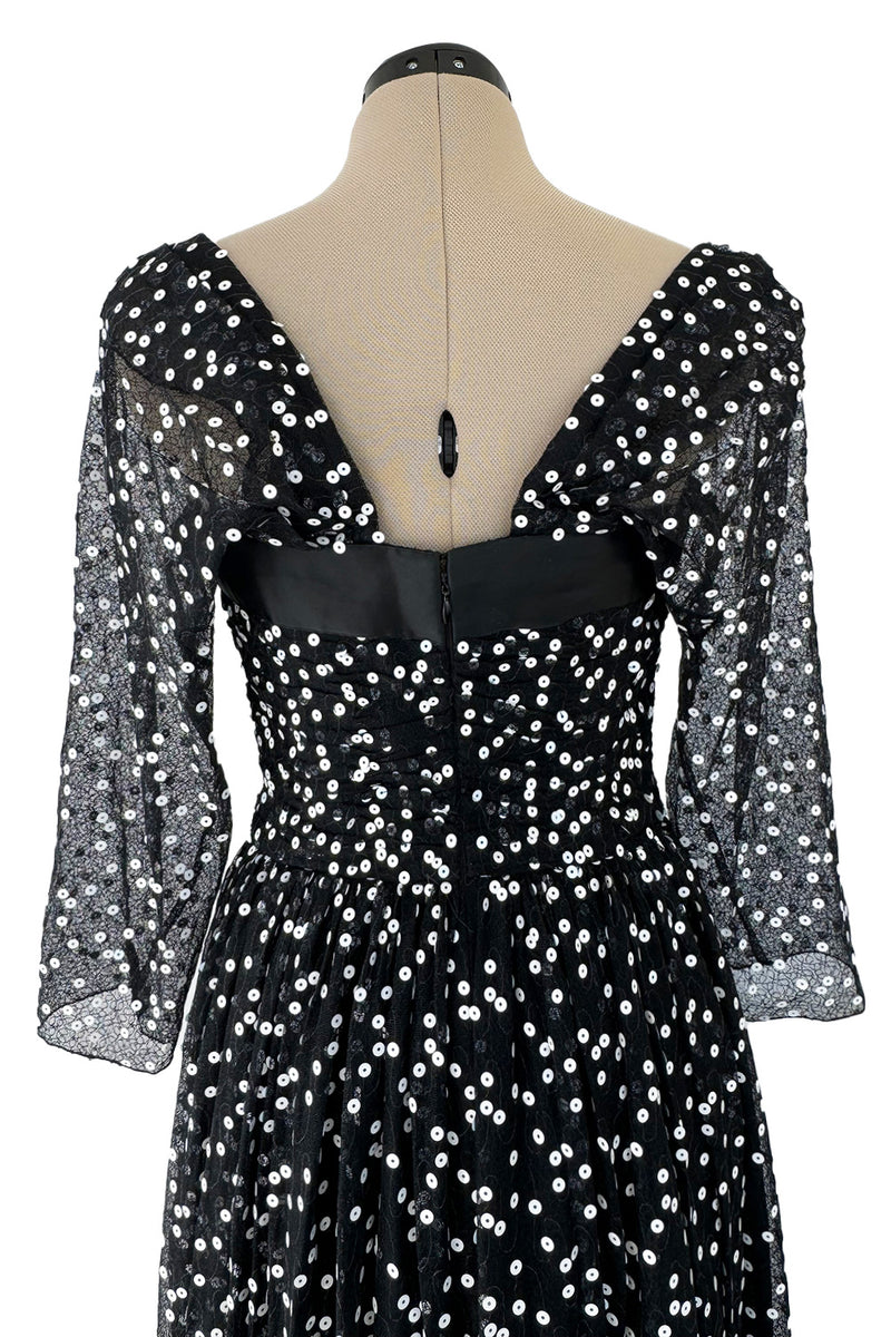 Prettiest Fall 1979 Christian Dior by Marc Bohan Black Silk Lace Net Dress w White  Sequins & Bows