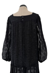 Chic c.1973 Yves Saint Laurent Black Gauzy Feeling Silk Chiffon Dress w Pattern & Full Sleeves