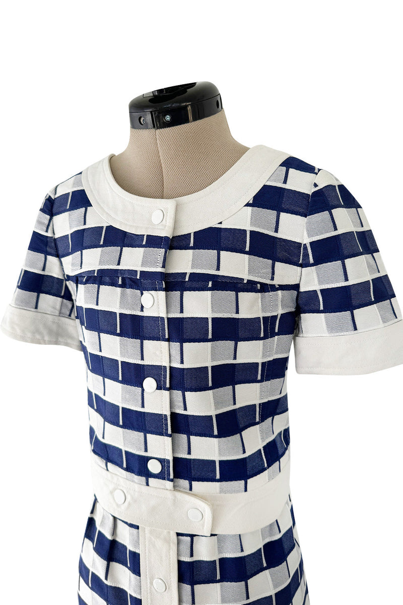 Cutest 1970s Andre Courreges Paris Numbered Hyperbole Blue & White Check Skirt & Jacket Suit Set