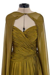 Fall 1989 Oscar de la Renta Iridescent Green Gold Silk Chiffon Strapless Dress w Matching Cape