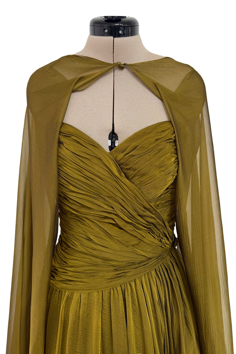 Fall 1989 Oscar de la Renta Iridescent Green Gold Silk Chiffon Strapless Dress w Matching Cape
