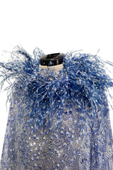 1970s Unlabeled Printed Silk Chiffon Dress w Gold & Silver Thread & Feather Collar & Cuffs