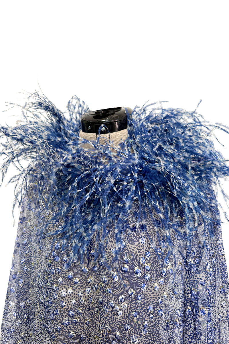 1970s Unlabeled Printed Silk Chiffon Dress w Gold & Silver Thread & Feather Collar & Cuffs