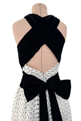 Dreamy Spring 1987 Jacqueline de Ribes Runway & Ad Campaign Silk Chiffon Dot Dress w Black Velvet Bow Detailing