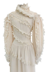 Incredibly Rare Fall 1979 Chloe by Karl Lagerfeld Couture Runway Ivory Chiffon & Lace Dress w pearl Details