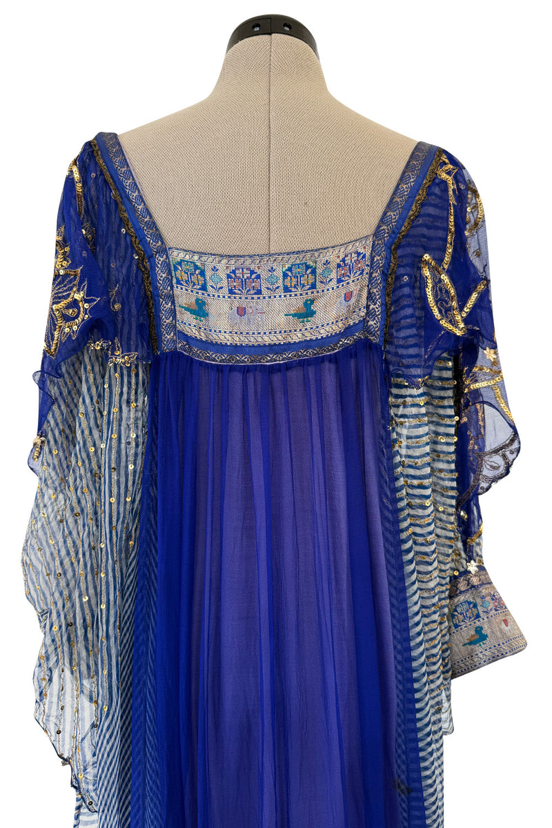1960s Bloomingdales Label Royal Blue Silk Chiffon & Gold Thread Caftan