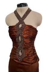 Chic 2000s Gianni Versace Bronze Gathered Silk Bodice Dress w an Elaborately Beaded Cut Out Front & Sweepimng Back
