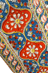 Prettiest 1960s Hand Block Printed Coral Blue & Ivory 100% Cotton Full Caftan w Front Belt