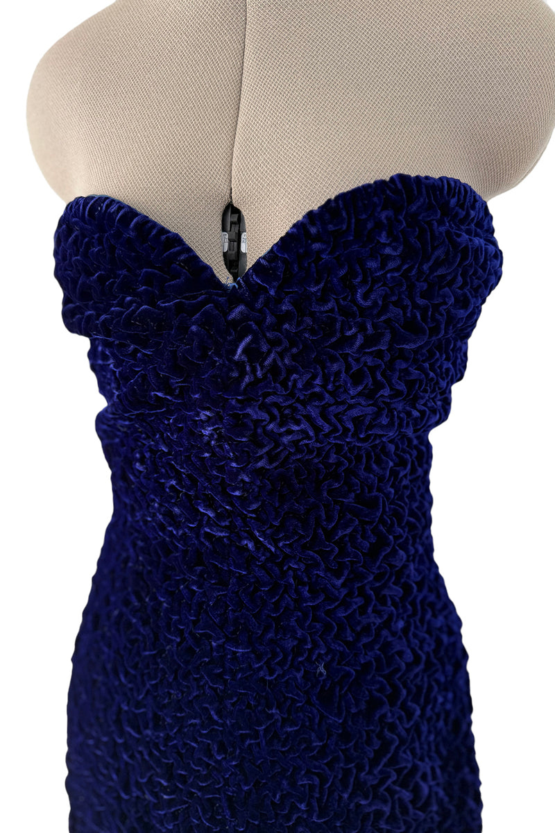 Fantastic Fall 1986 Yves Saint Laurent Runway Strapless Deep Purple-Blue Hand Gathered Velvet Dress