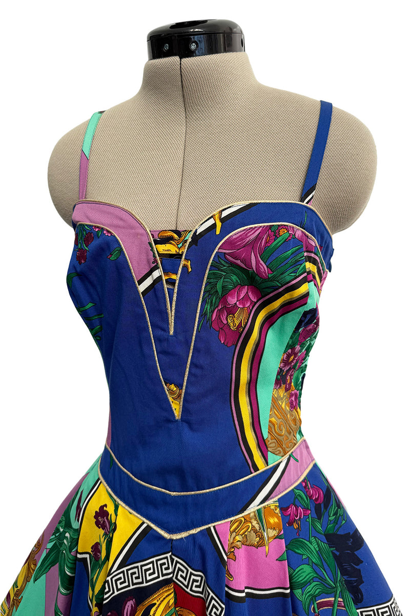 Iconic Spring 1992 Versace by Gianni Versace Jeans Couture Floral Print Full Skirt Halter Mini Dress