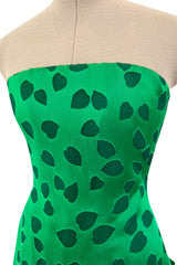 1980s Arnold Scaasi Brillaint Emerald Green Strapless Dress w Woven Heart Print & Bows