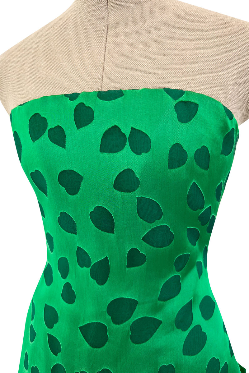 1980s Arnold Scaasi Brillaint Emerald Green Strapless Dress w Woven Heart Print & Bows