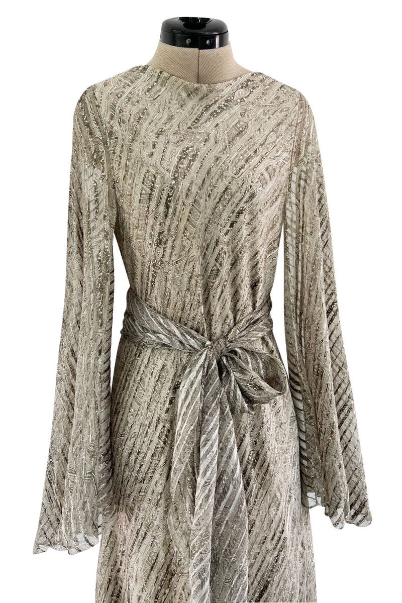 Exceptional 1970s George Stavropoulos Couture Bias Cut Grey Ribbon Silk Chiffon Dress w Sash