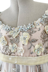 Spring 1967 George Halley Couture Pale Pink Dress w Rhinestones, Hand Emroidery & Flower Detailing