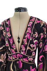 Dreamiest 1970s Emilio Pucci Black Silk Jersey Dress w V Front & Pink Flower Print