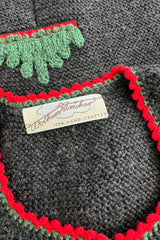 Prettiest 1980s Wolkenstricker Charcoal Colour Hand Knit Cardigan Sweater w Floral Details
