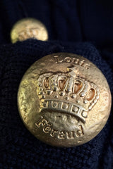 Fantastic 1980-90s Louis Feraud Deep Blue Cable Knit Cardigan Sweater w Metal Gold Tone Buttons