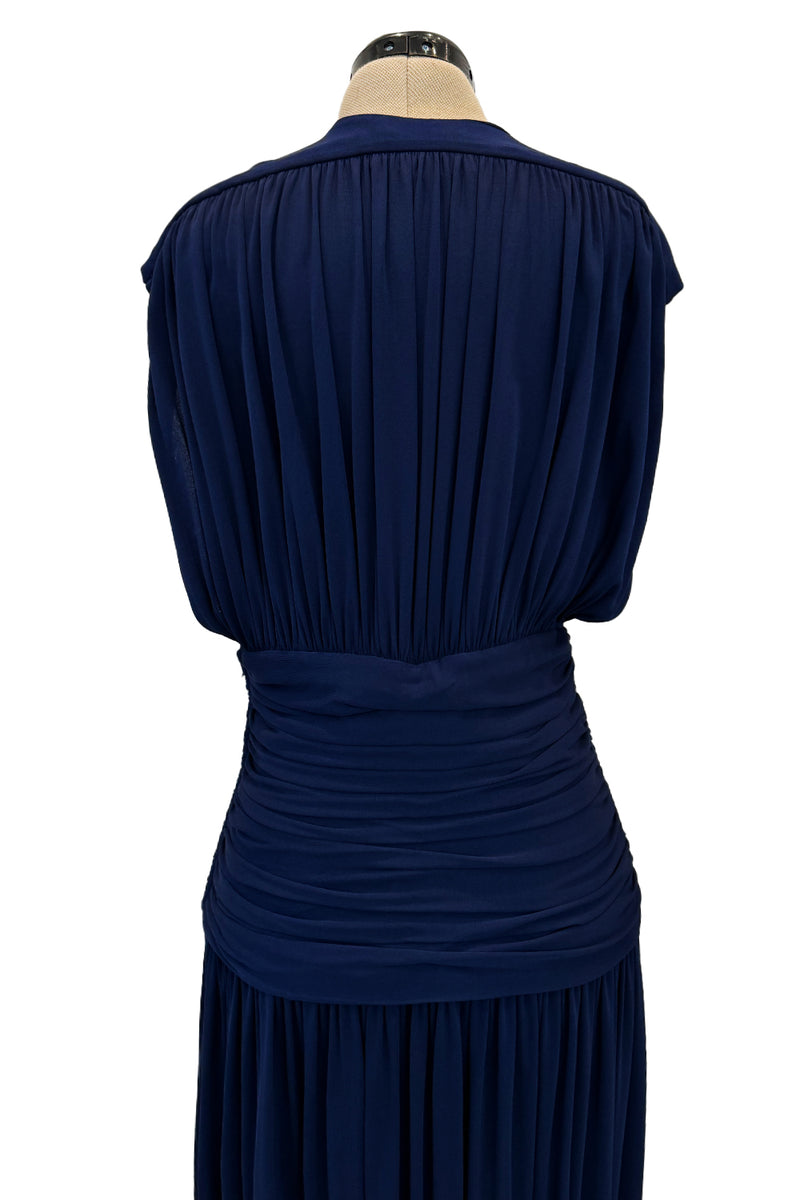 Resort 1986 Yves Saint Laurent Deep Plunge Front Blue Draped Silk Jersey Dress