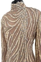 Incredible & Rare 1980s Bob Mackie Well Documented Ivory Sequin & Nude Stretch Net High Slit Dress