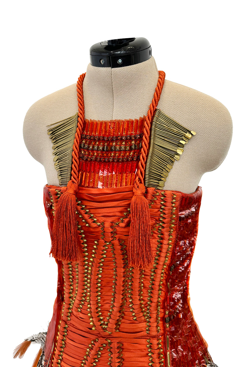 Iconic Spring 2011 Gucci by Frida Giannini Runway Look 41 Burnt Orange Silk Cord, Brass & Feather Dress