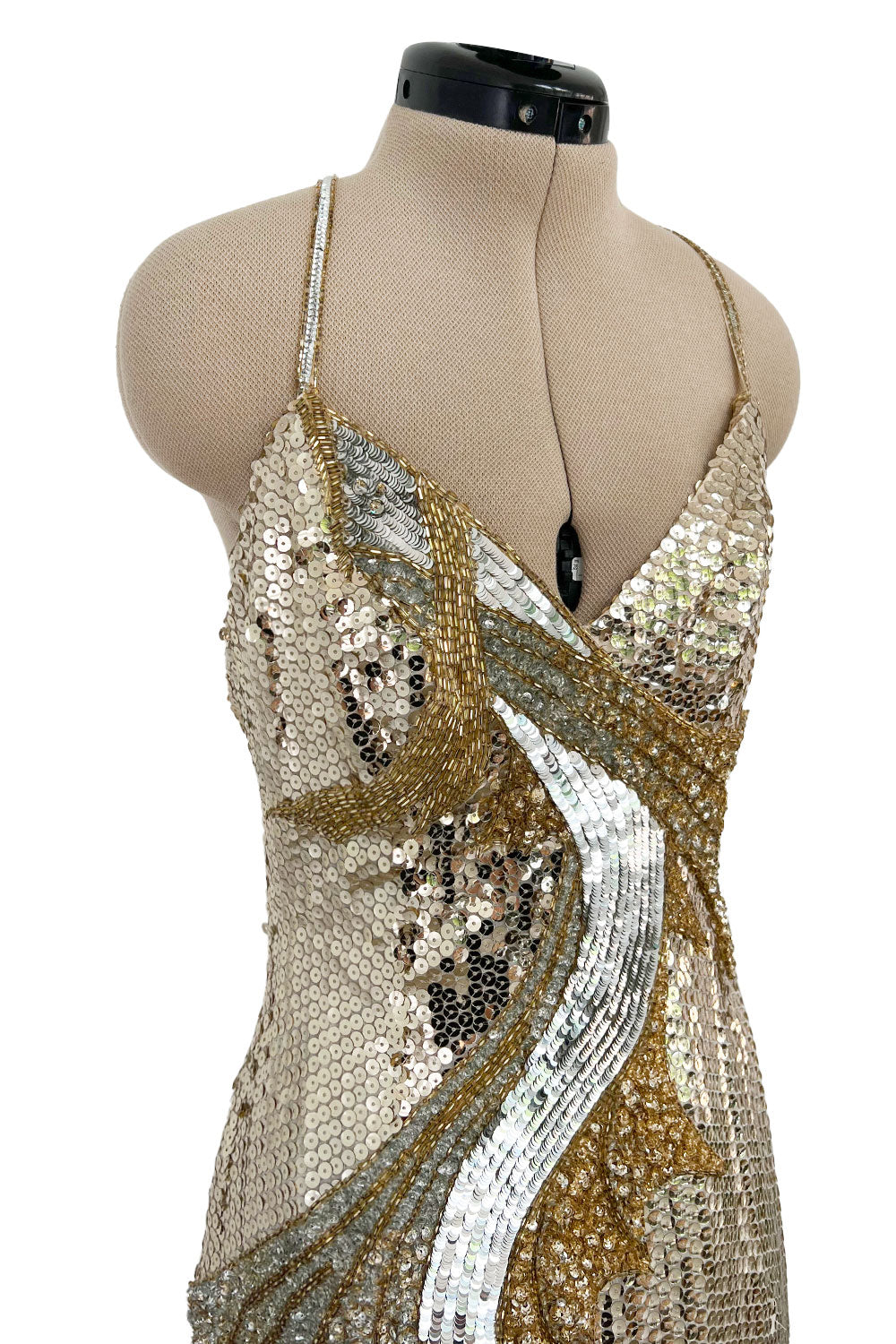 Incredible 1970s Loris Azzaro Metallic Silver & Gold Black On Black Knit Dress