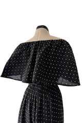 Dreamy 1981 Halston White Embroidered Dot on Black Wrap Off Shoulder Dress w Caped Neckline