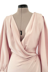 Prettiest Spring 1990 Yves Saint Laurent Pale Nude Pink Silk Plunge Runway Dress w Balloon Sleeves