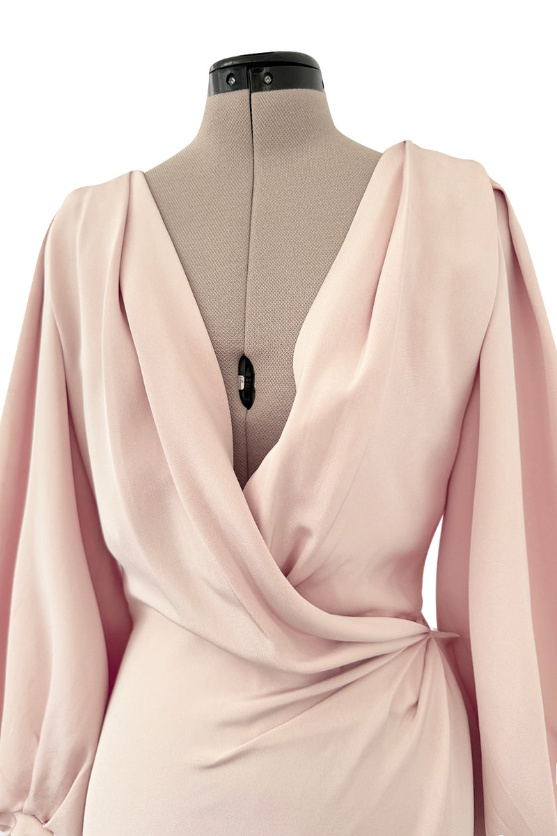 Prettiest Spring 1990 Yves Saint Laurent Pale Nude Pink Silk Plunge Runway Dress w Balloon Sleeves