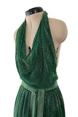 Phenomenal & Rare 1979 Halston Couture Andy Warhol Filmed Green Beaded Halter Dress w Open Back