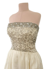 Exceptional 1959 Balenciaga Haute Couture Strapless Ivory Silk Chiffon w Metallic Embroidery