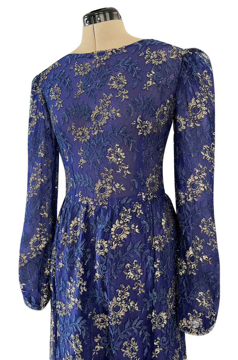 1970s Lanvin by Jules-Francois Crahay Demi-Couture Metallic Gold Detailing Blue Dress