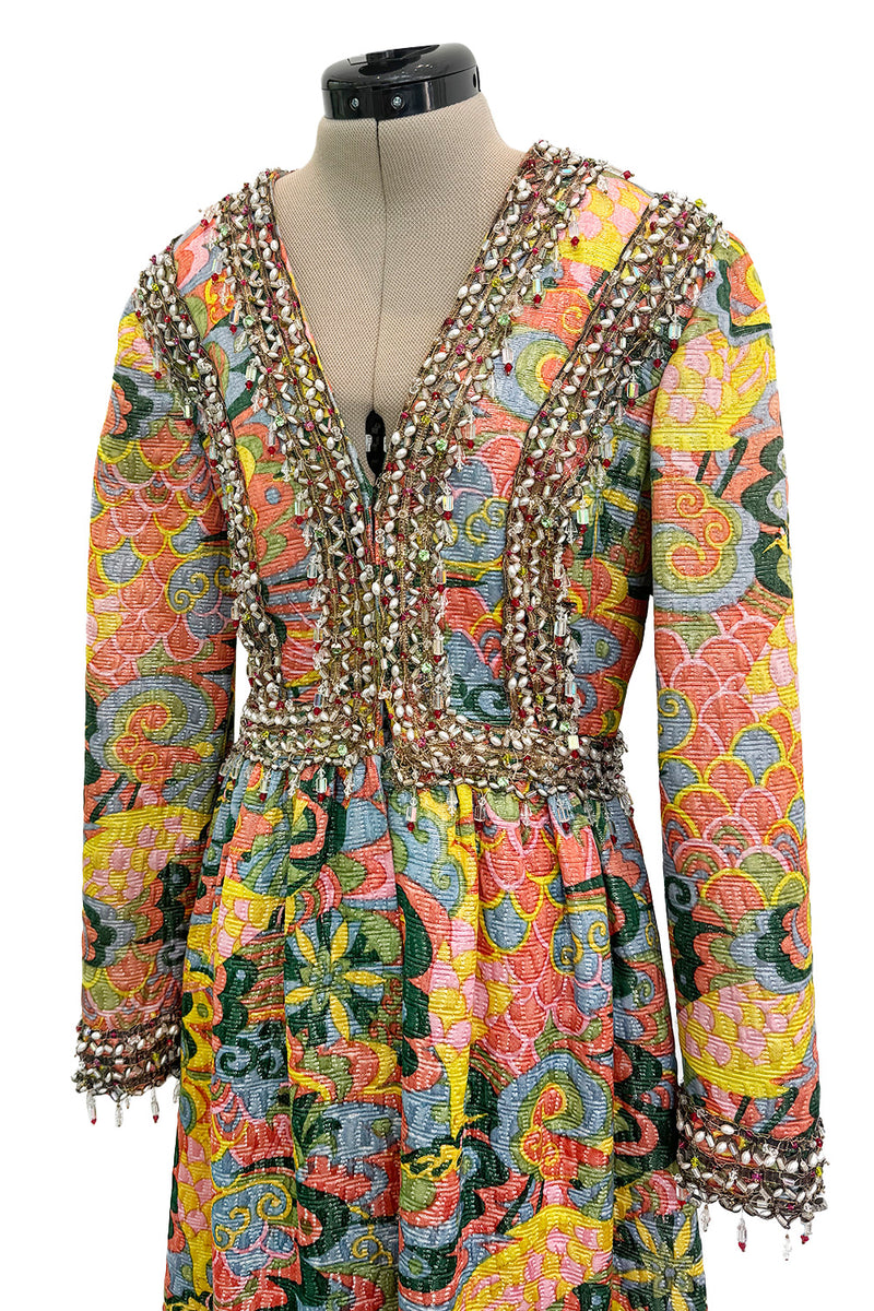Wonderful 1968 Oscar de la Renta Gold Metallic Thread Silk Brocade Dress w Extensive Beadwork