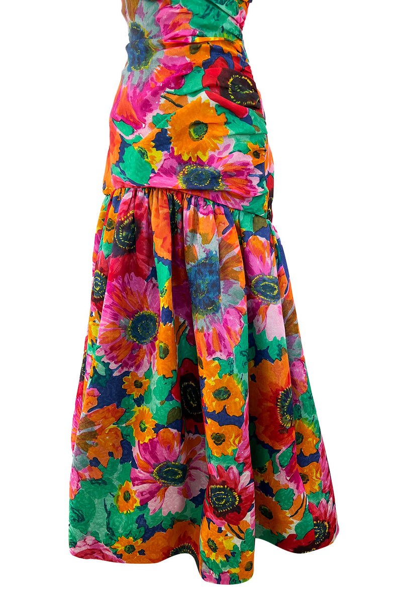 Exceptional Dated 1986 Arnold Scaasi Strapless Floral Print Silk Gazar Dress w Full Lower Skirts