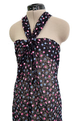 Sheer Fall 2024 Giorgio Armani Sample Deep Blue Net Dress w Embroidered Cotton Pink & Blue Flowers