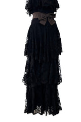 Incredible 1960s Donald Brooks Black Lace Tiered One Shoulder Jumpsuit w Wide Legs & Belt